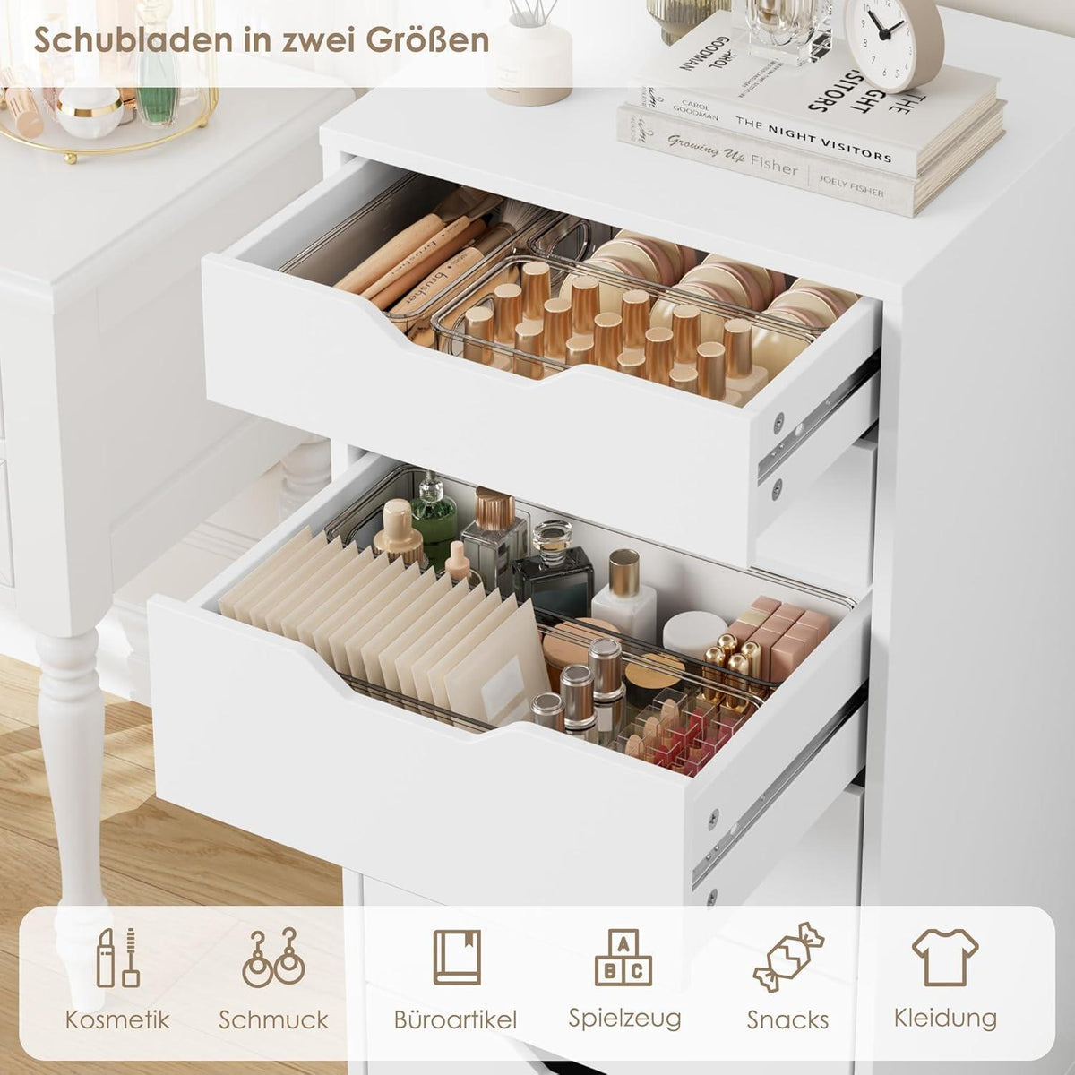 Weiße Kommode mit 6 Schubladen – Schmaler Schubladenschrank