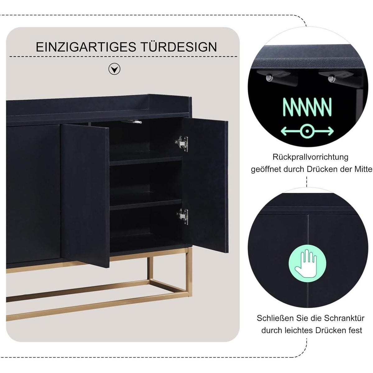Sideboard mit 4 Türen & Metallbeinen – Schwarz, 120x30x80 cm
