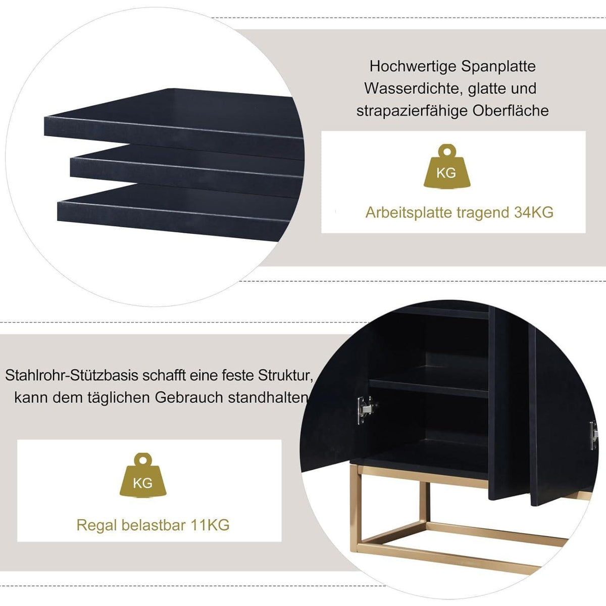 Sideboard mit 4 Türen & Metallbeinen – Schwarz, 120x30x80 cm