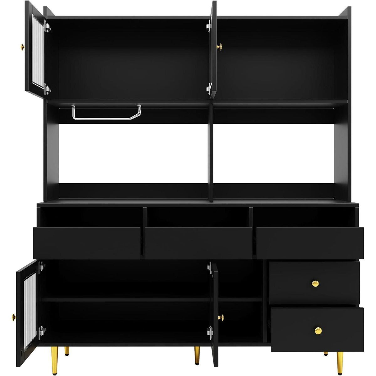 Hochschrank mit Glastür & Weinregal – Schwarz mit Gold | 145x39x171cm