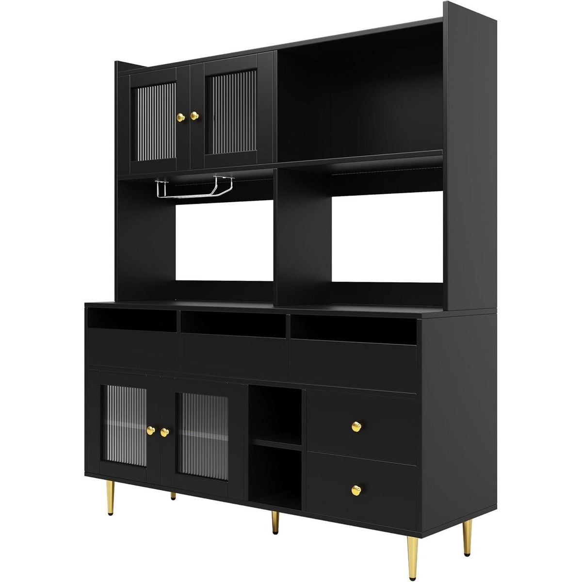 Hochschrank mit Glastür & Weinregal – Schwarz mit Gold | 145x39x171cm