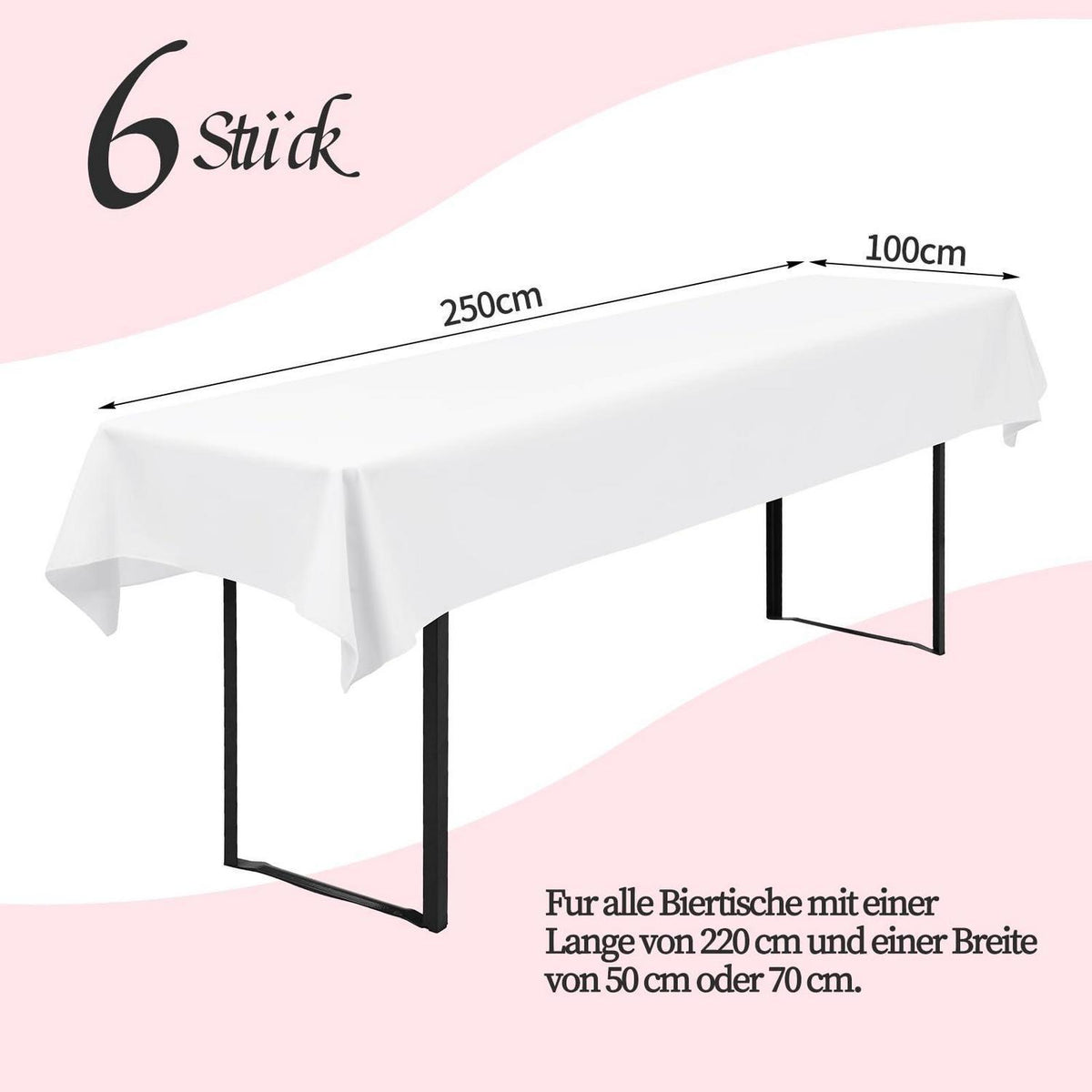 6x Biertischdecke Weiß, 250x100cm, Wasserabweisend & Waschbar