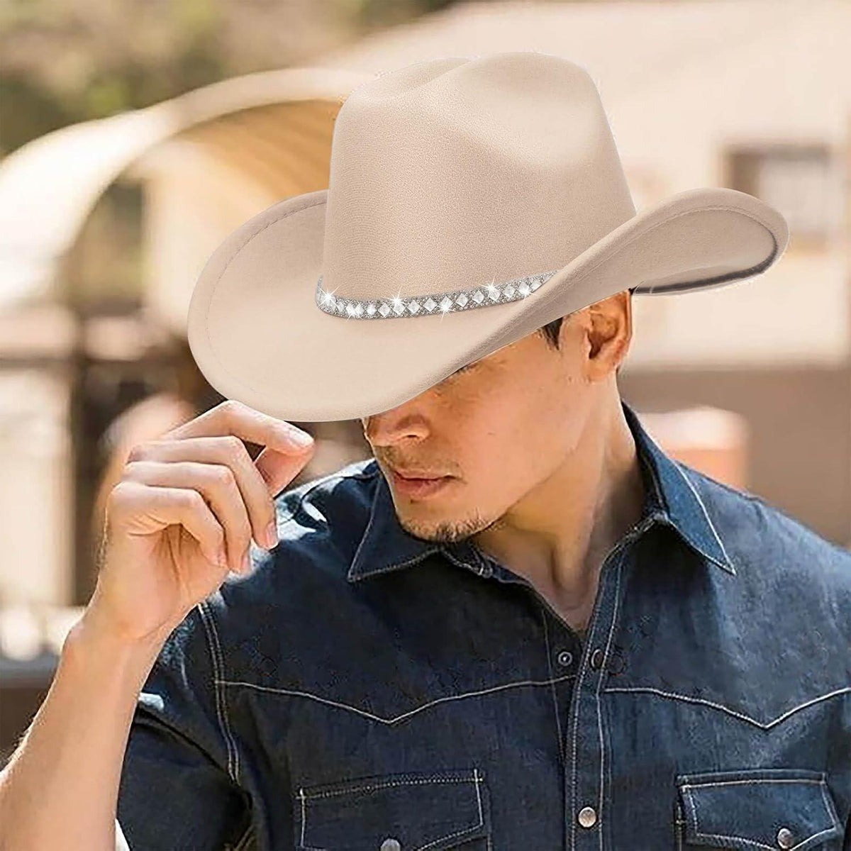 Cowboyhut Damen Herren Glitzer Strass Krempe Filz Fedora Beige