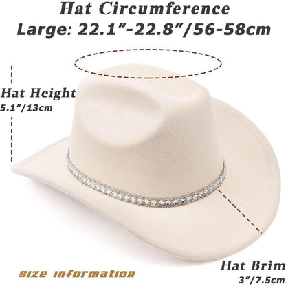 Cowboyhut Damen Herren Glitzer Strass Krempe Filz Fedora Beige