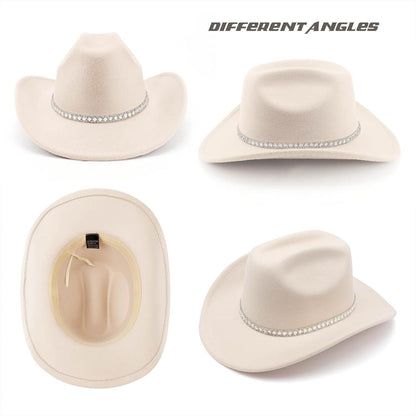 Cowboyhut Damen Herren Glitzer Strass Krempe Filz Fedora Beige