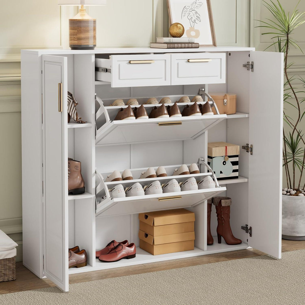 Moderner Schuhschrank mit Kippfächern & Schubladen (120x24x107)