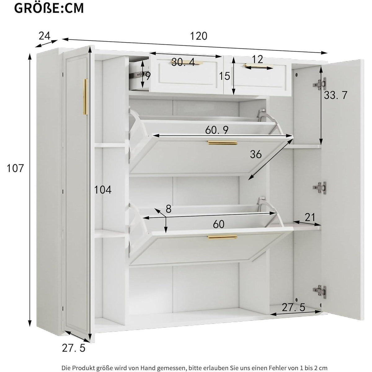 Moderner Schuhschrank mit Kippfächern & Schubladen (120x24x107)
