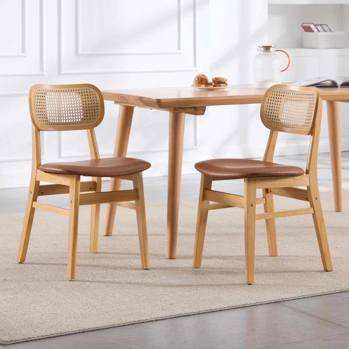 Esszimmerstühle 2er Set Rattan Braun in Lederoptik
