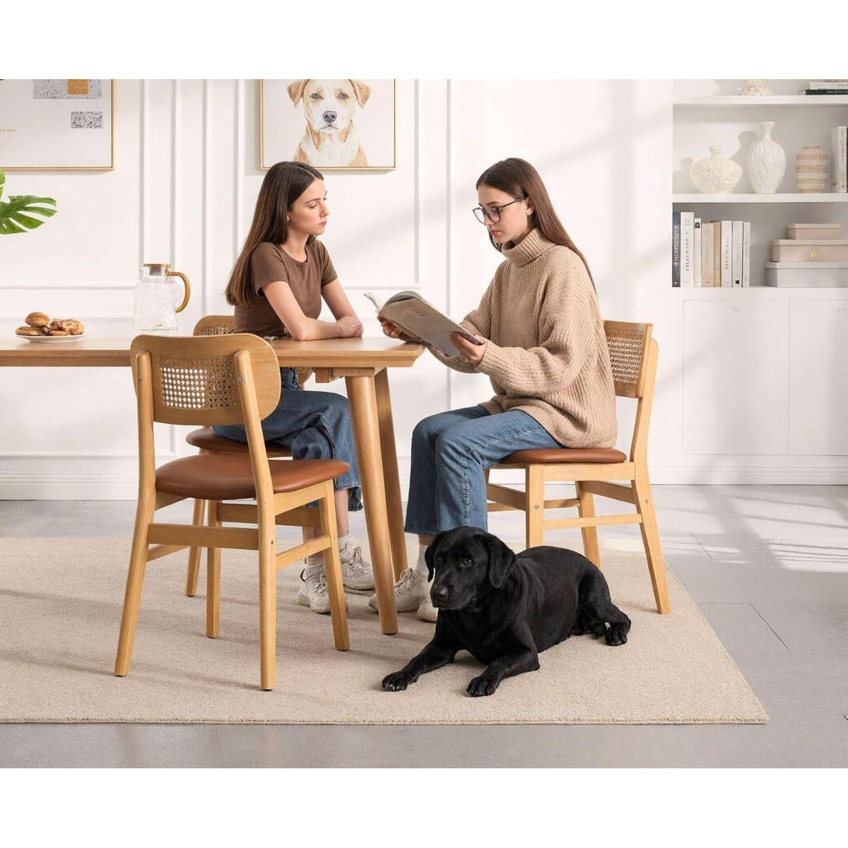 Esszimmerstühle 2er Set Rattan Braun in Lederoptik