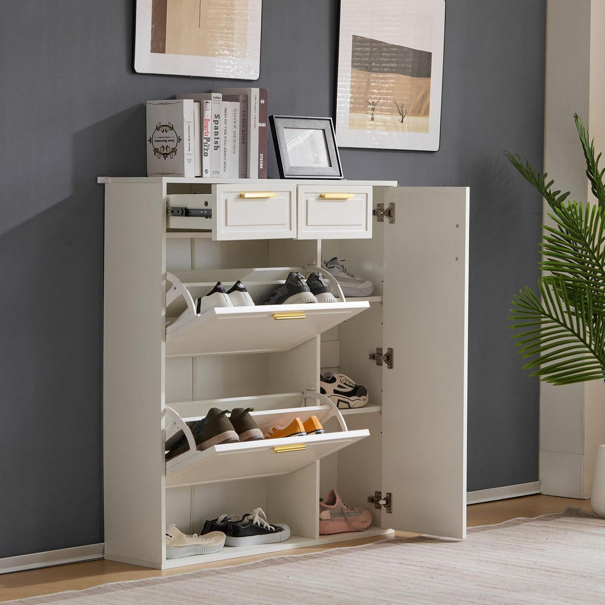 Schuhschrank mit Kippfächern & Schubladen – Weiß