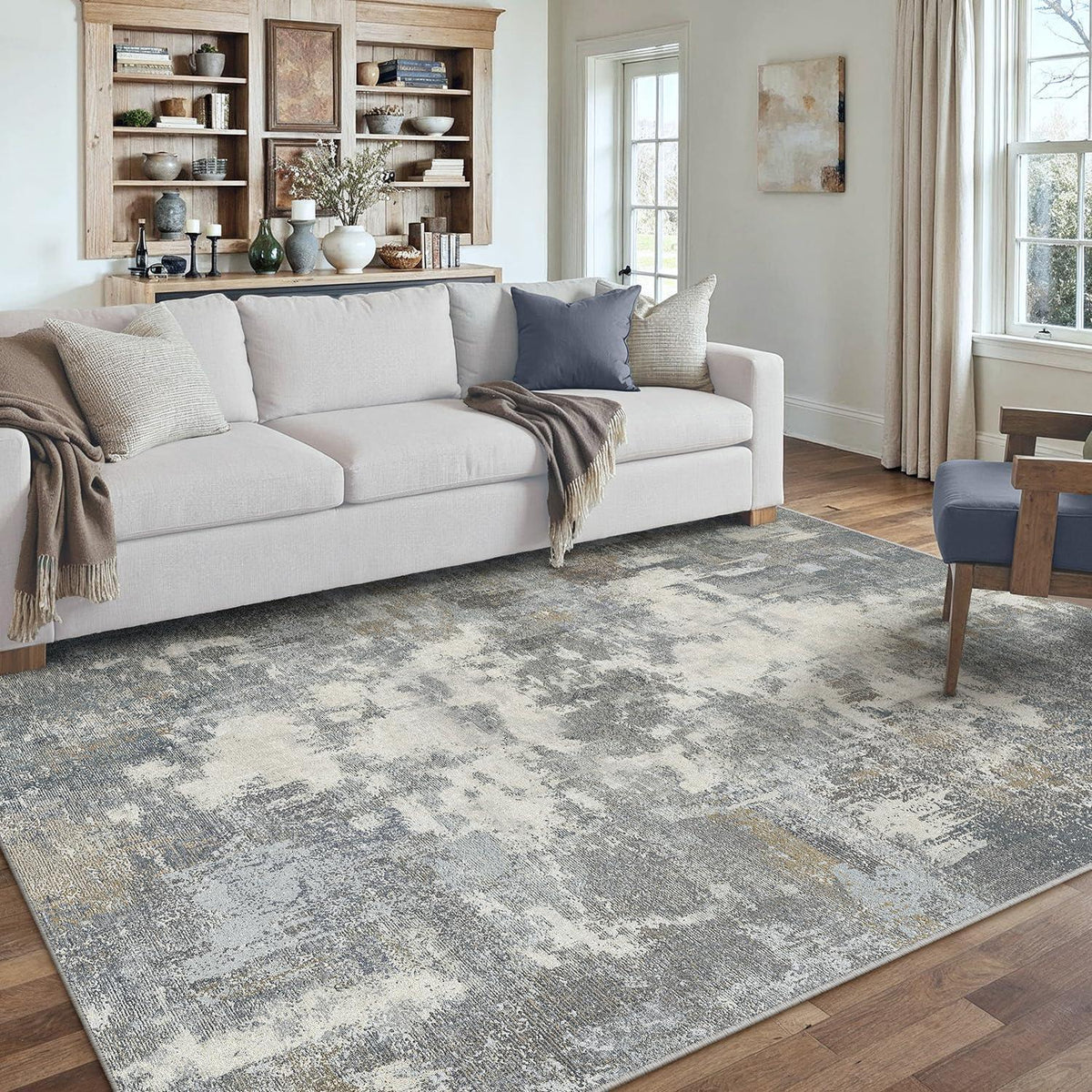 Abstraktes Wohnzimmer Teppich Blau-Grau 150x210cm Rutschfest Kurzflor