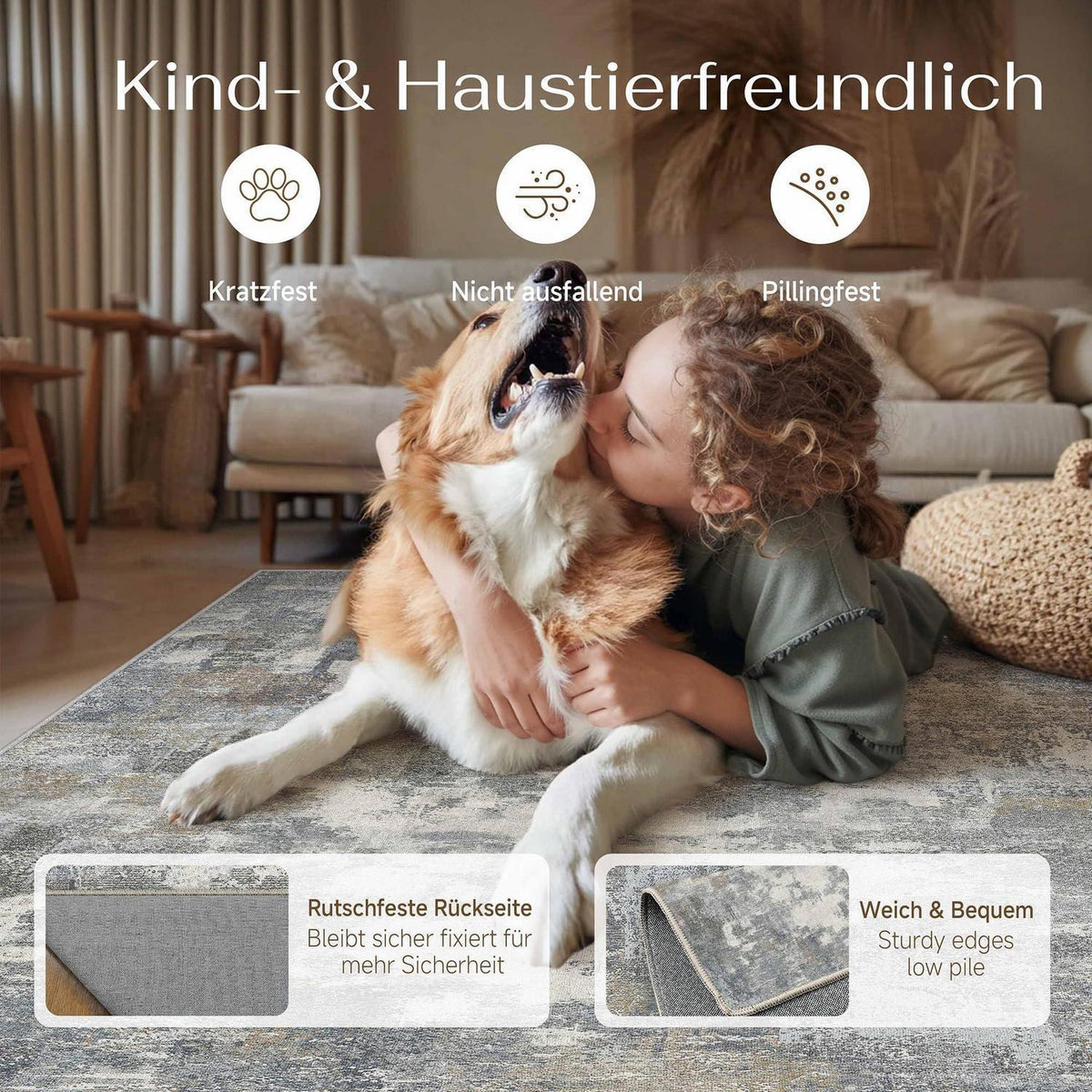Abstraktes Wohnzimmer Teppich Blau-Grau 150x210cm Rutschfest Kurzflor