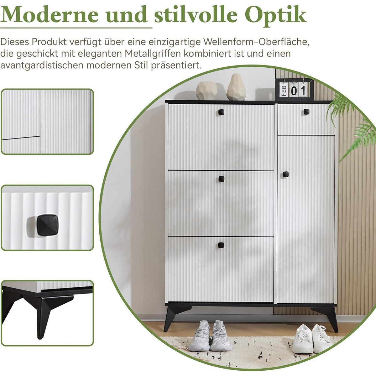 Schmaler Schuhschrank mit Klappen & Schublade – Weiß