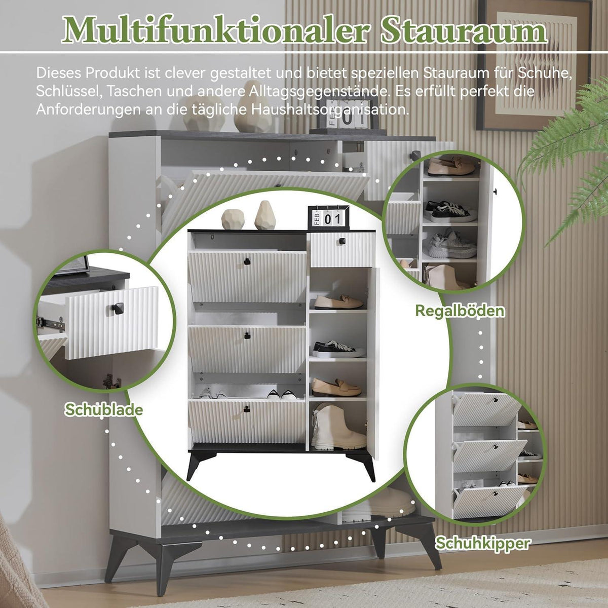 Schmaler Schuhschrank mit Klappen & Schublade – Weiß