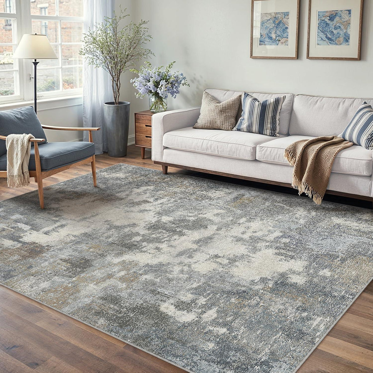 Abstraktes Wohnzimmer Teppich Blau-Grau 160x230cm Rutschfest Waschbar