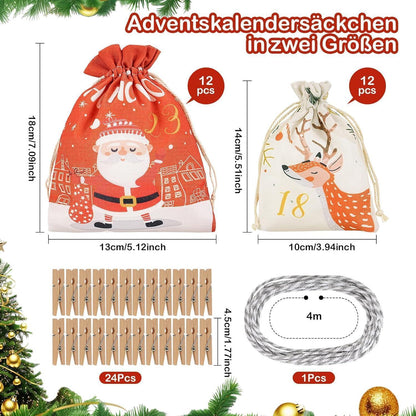 Adventskalender zum Selbstbefüllen, 24 Stoffbeutel, Rot