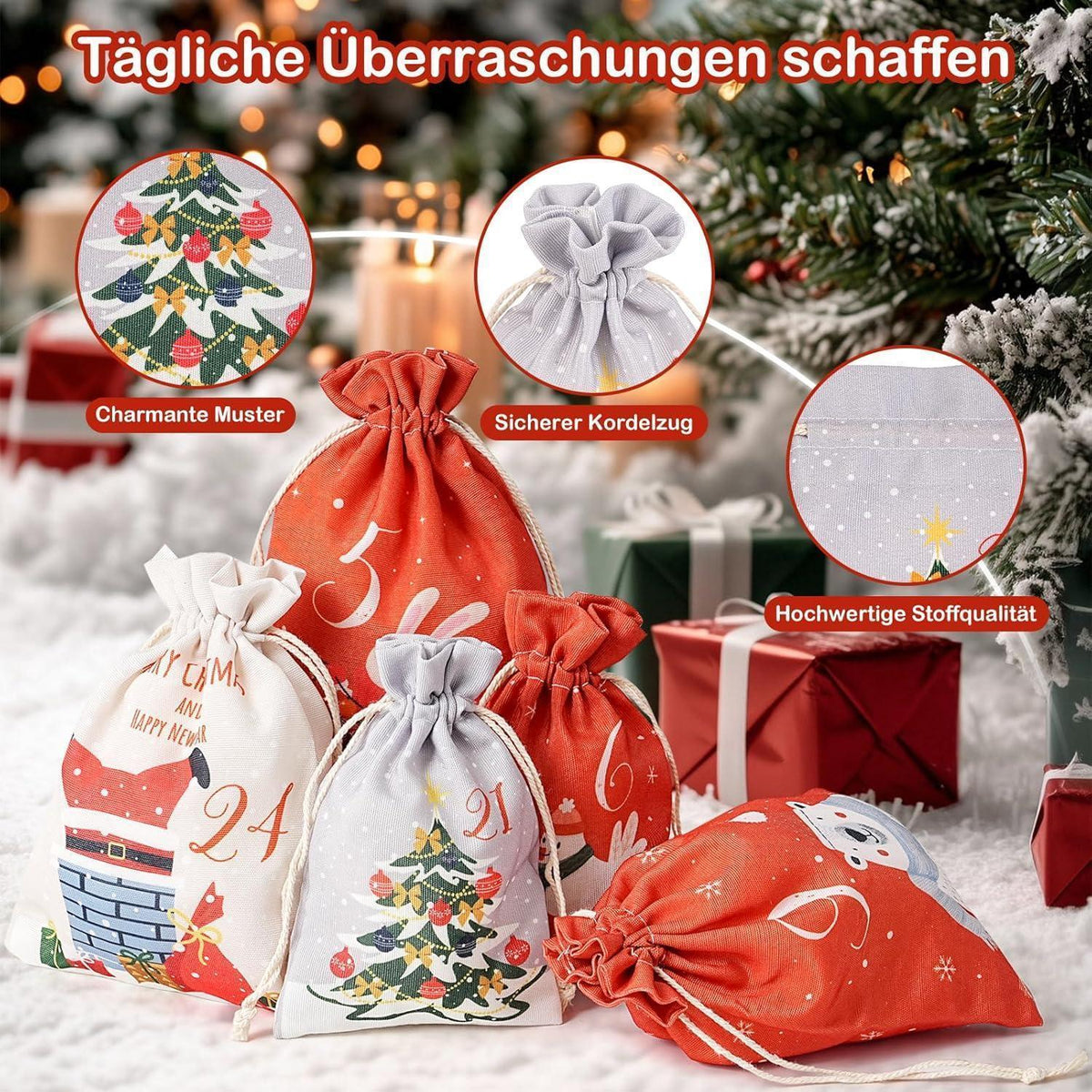 Adventskalender zum Selbstbefüllen, 24 Stoffbeutel, Rot