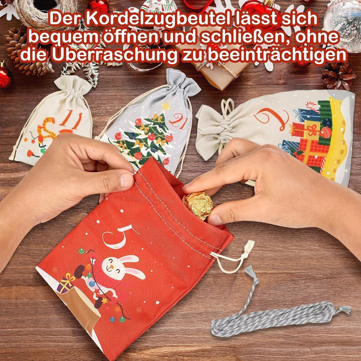 Adventskalender zum Selbstbefüllen, 24 Stoffbeutel, Rot