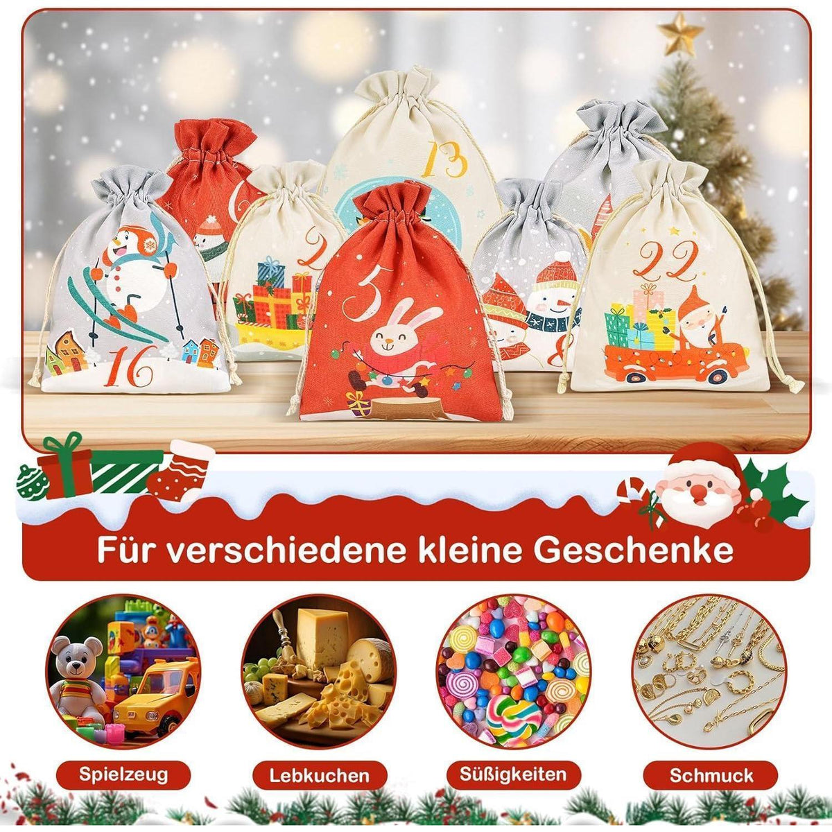 Adventskalender zum Selbstbefüllen, 24 Stoffbeutel, Rot