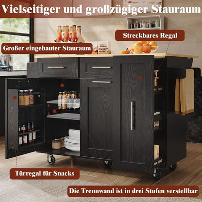 Multifunktionale Kücheninsel mit klappbarem Tisch & Stauraum Schwarz