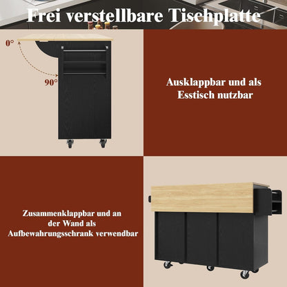Multifunktionale Kücheninsel mit klappbarem Tisch & Stauraum Schwarz