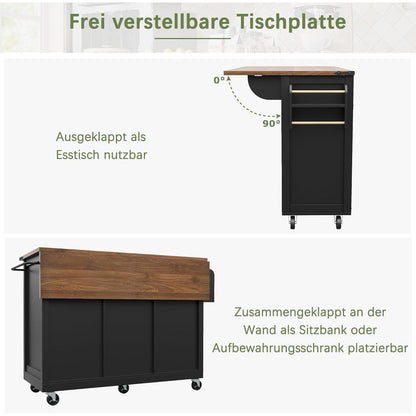 Kücheninsel mit Ausziehtisch & Rollen – Schwarz