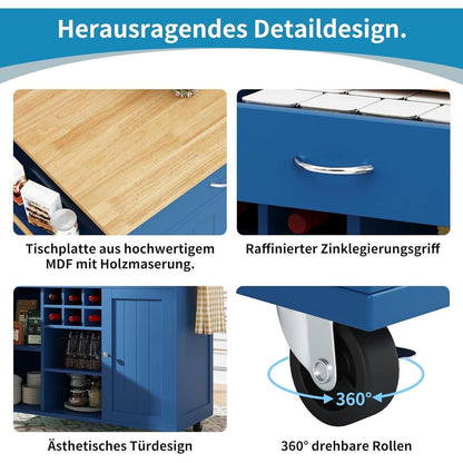 Kücheninsel mit Stauraum & Rollen – Blau (102x45x92cm)