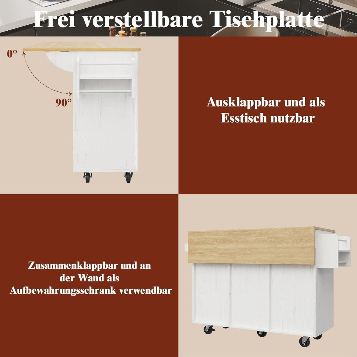 Multifunktionale Kücheninsel mit klappbarem Tisch & Stauraum, Weiß