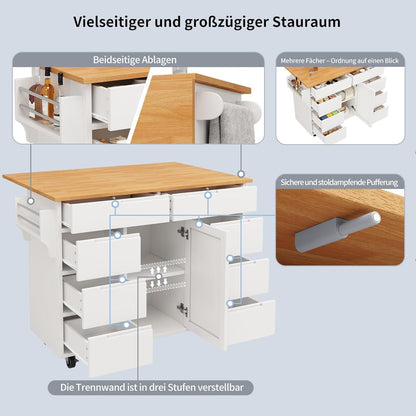 Ausziehbare Kücheninsel mit Schubladen & Gewürzregal, Weiß