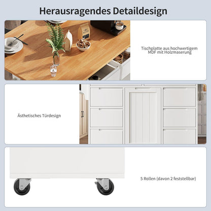 Ausziehbare Kücheninsel mit Schubladen & Gewürzregal, Weiß