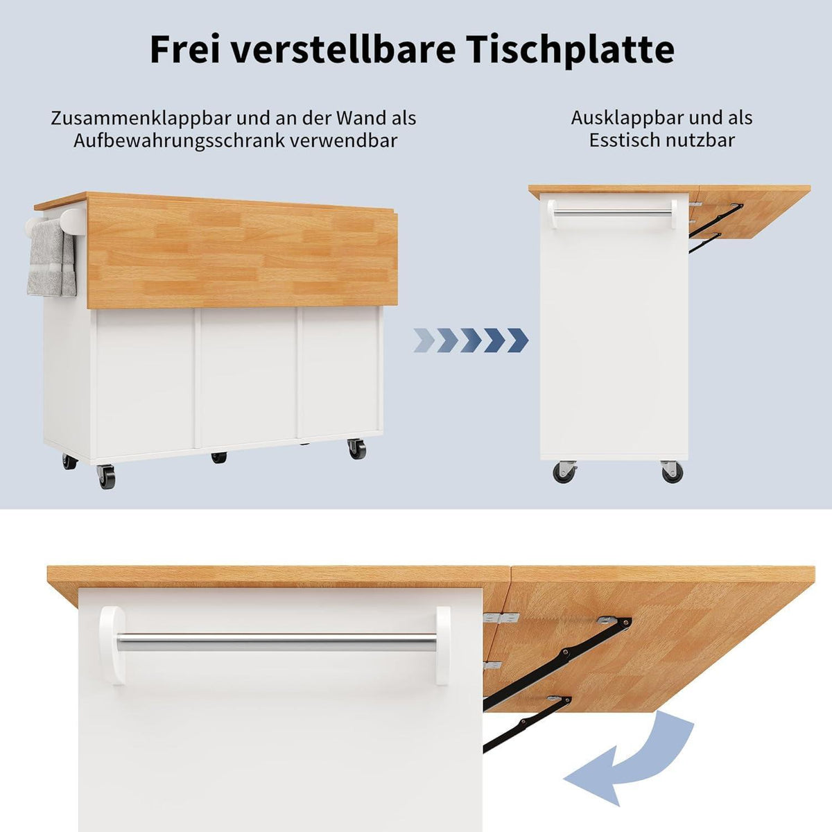 Ausziehbare Kücheninsel mit Schubladen & Gewürzregal, Weiß