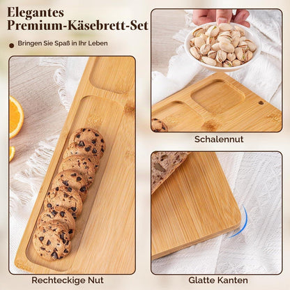 Bambus Käsebrett Set mit Messern – Servierplatte für Käse & Wurst
