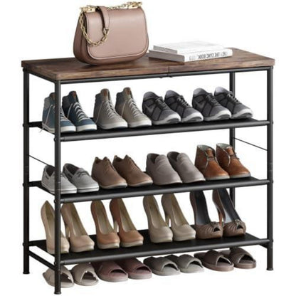 Schuhregal 4 Ebenen Schwarz Metall mit MDF-Platte