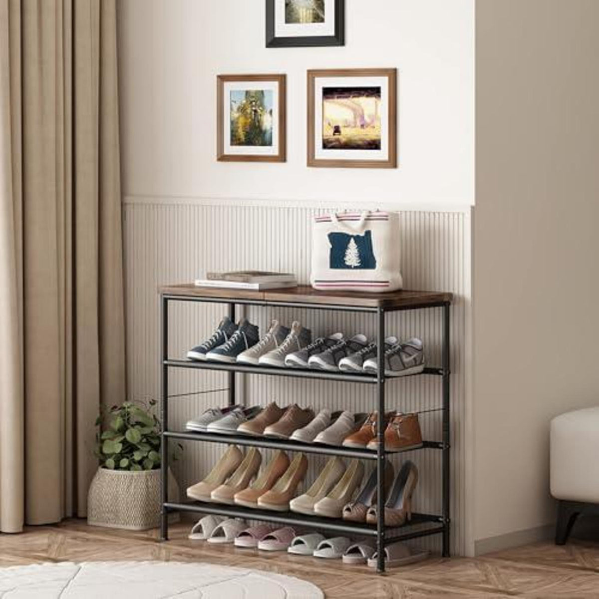 Schuhregal 4 Ebenen Schwarz Metall mit MDF-Platte