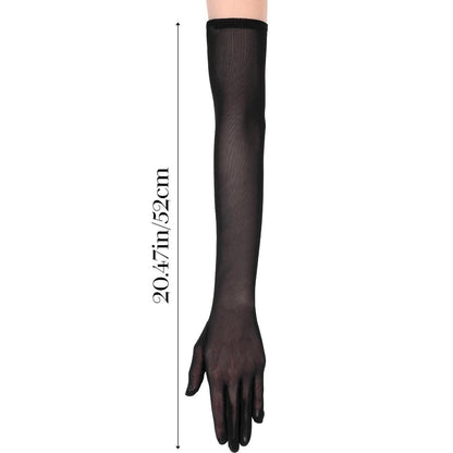 Lange Tüll Handschuhe Damen Schwarz Ellenbogenlänge