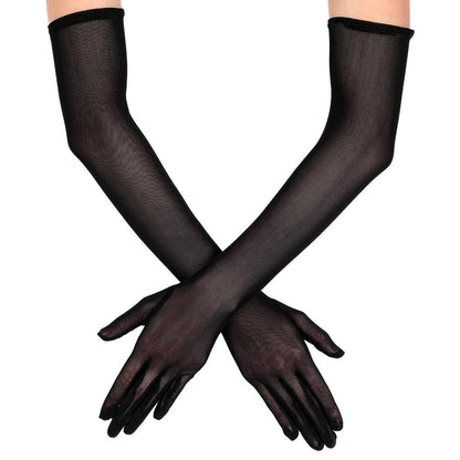 Lange Tüll Handschuhe Damen Schwarz Ellenbogenlänge