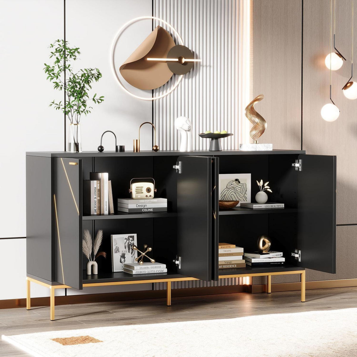 TV-Schrank mit 4 Türen & verstellbarem Regal – Schwarz
