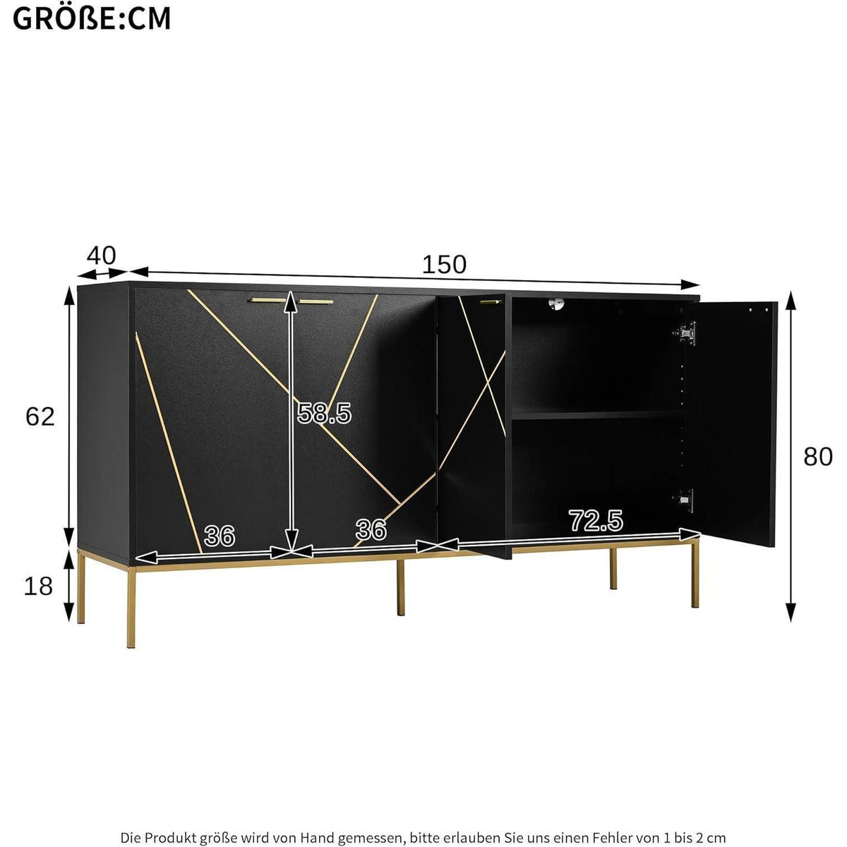 TV-Schrank mit 4 Türen & verstellbarem Regal – Schwarz