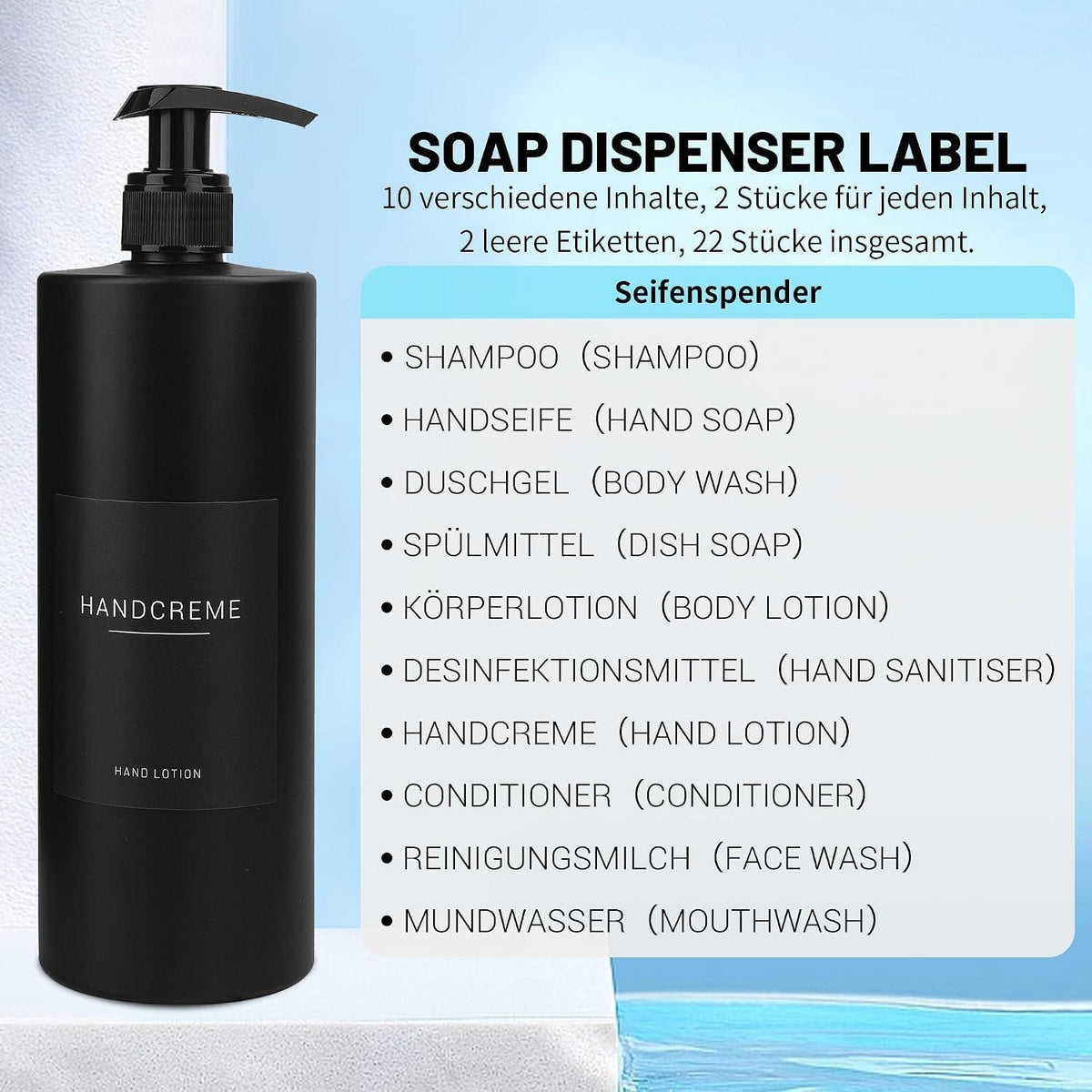 500ml Seifenspender Schwarz mit Etiketten – Nachfüllbar & Verriegelbar