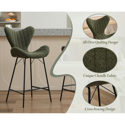 Moderner Barhocker 4er Set mit Chenille & Stepp-Rückenlehne Grün