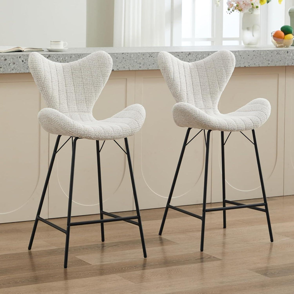 Moderner Barhocker 4er Set mit Chenille & Metallgestell