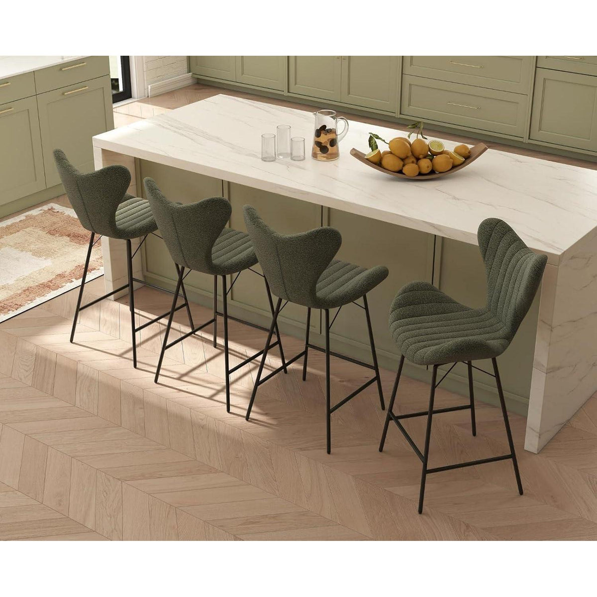 Moderner Barhocker 2er Set mit Chenille & Stepp-Rückenlehne Grün