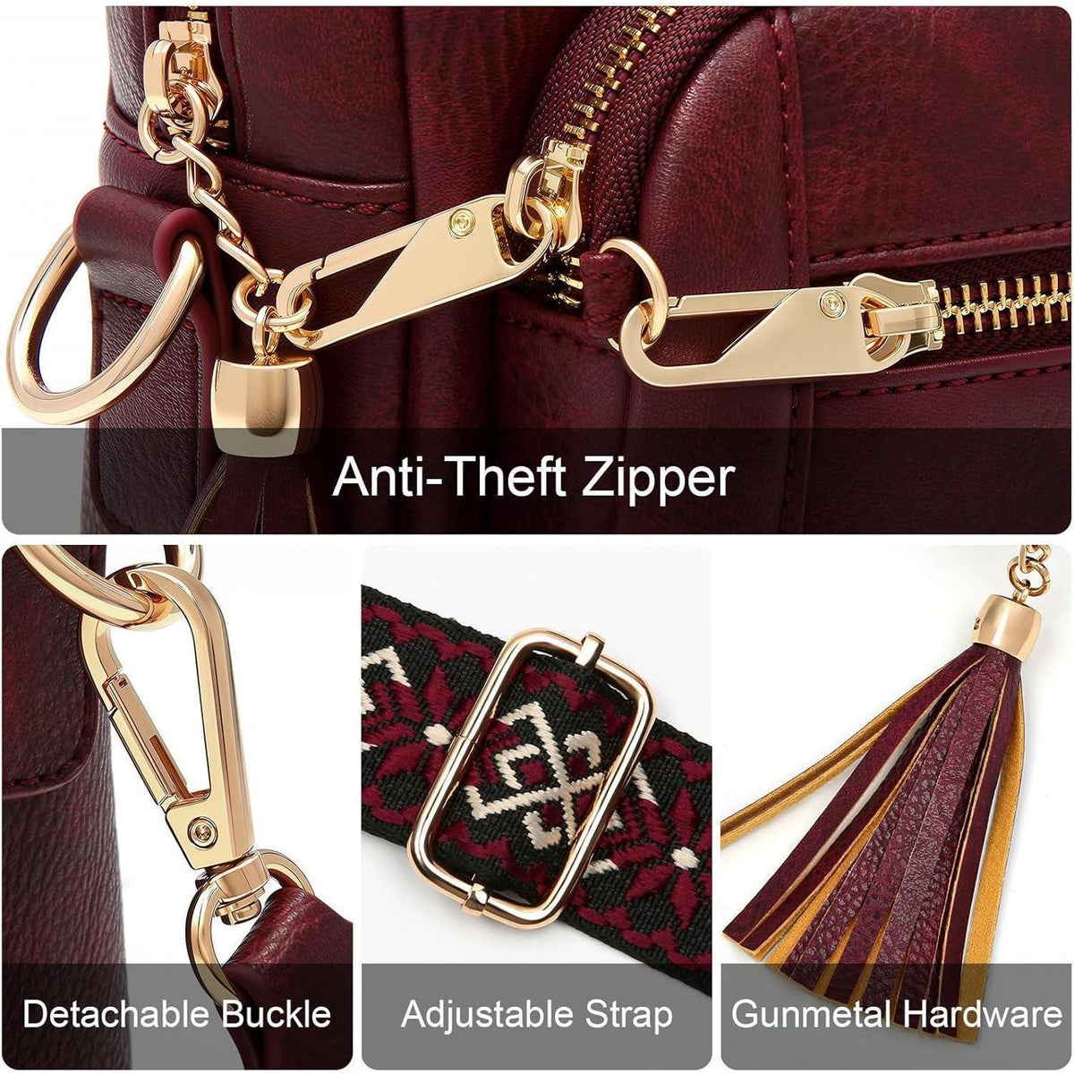 Umhängetasche Damen Mittelgroß mit Anti Diebstahl, 4 Fächer, Burgundian