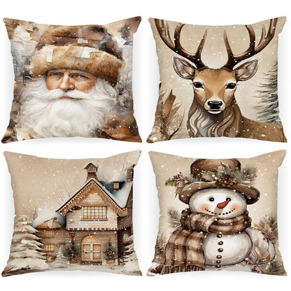 Retro Weihnachtskissenbezüge 4er-Set – Elch, Schneemann, Weihnachtsmann