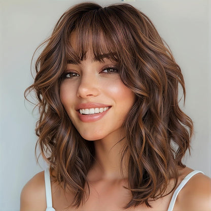 Welliger Bob mit Pony, Ombré Blond Synthetikperücke 12 Zoll