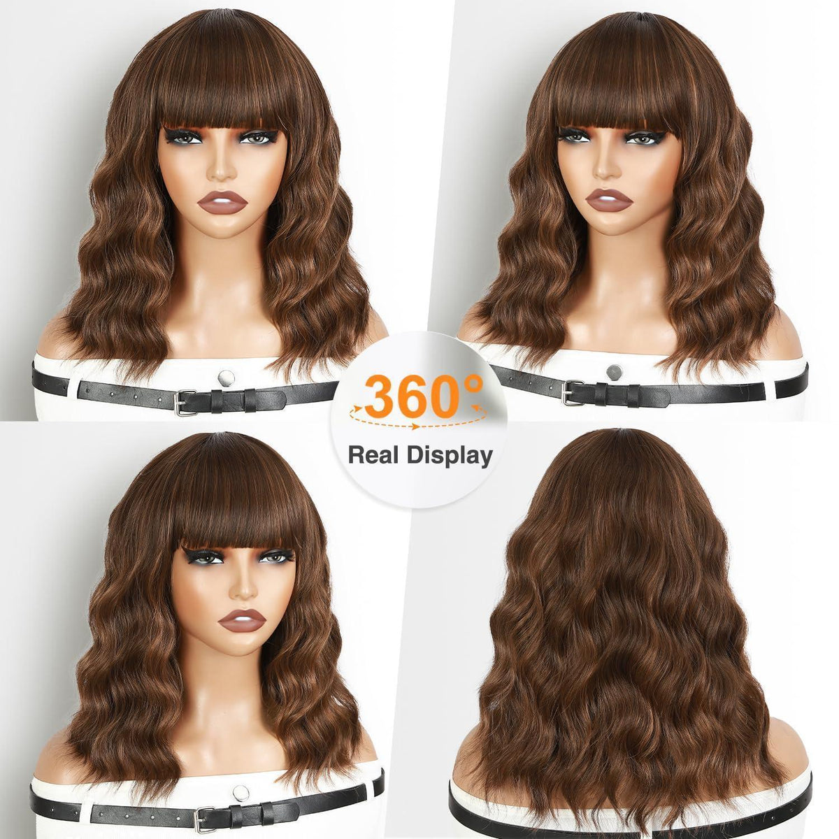 Welliger Bob mit Pony, Ombré Blond Synthetikperücke 12 Zoll