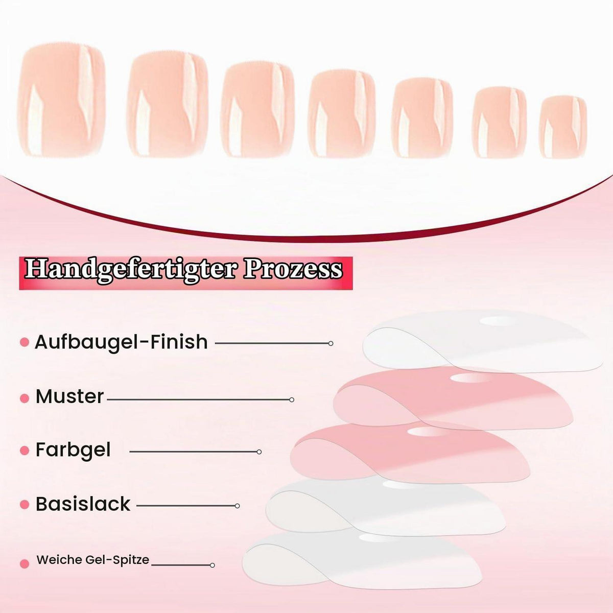 Rosa Press On Nails - Kurze Eckige French Nägel 24er Set