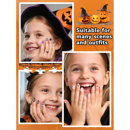 Halloween Kinder Nägel Set – 72 Kürbis & Geister Design