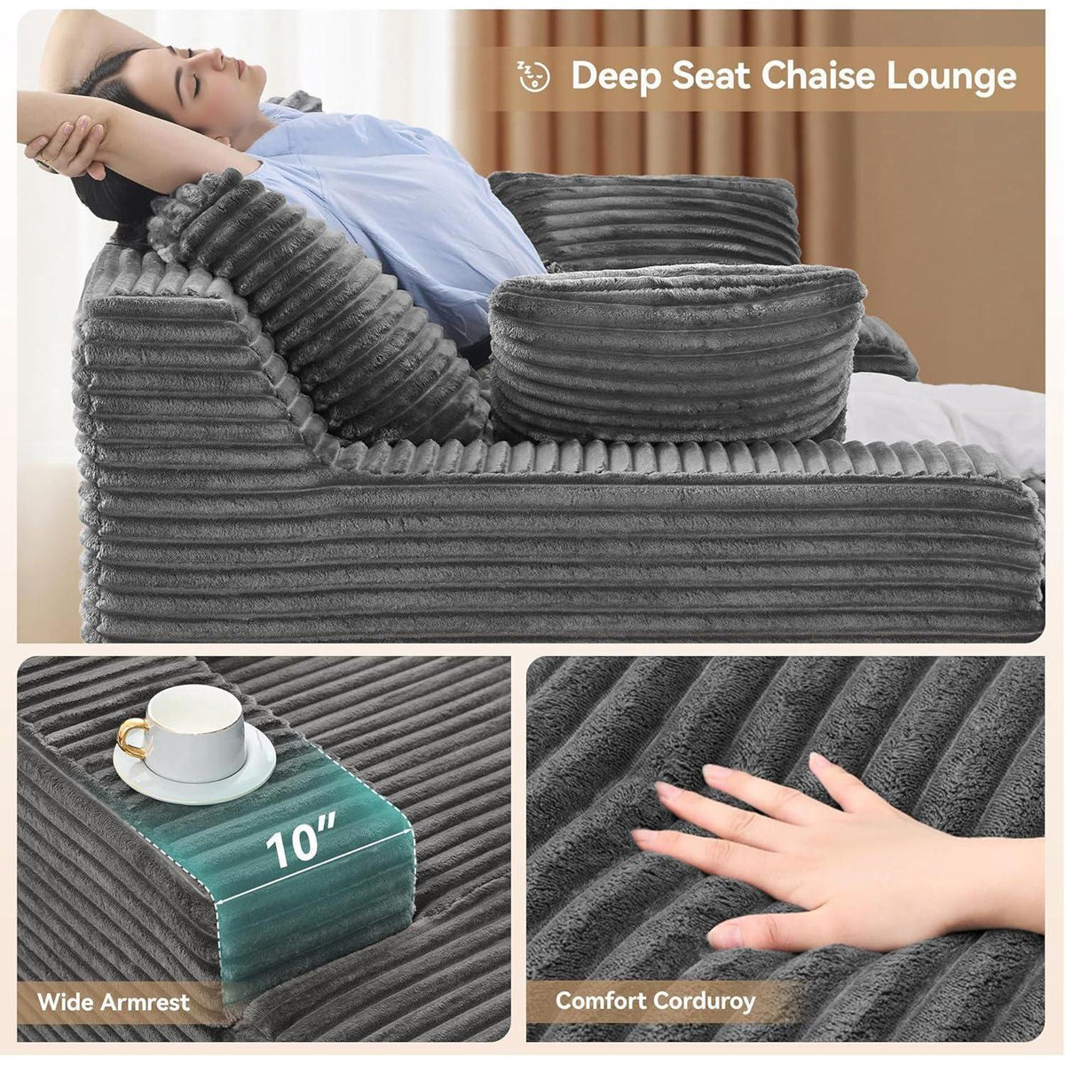 Modernes Cord Sofa mit Schlaffunktion – Grau, Boneless Couch