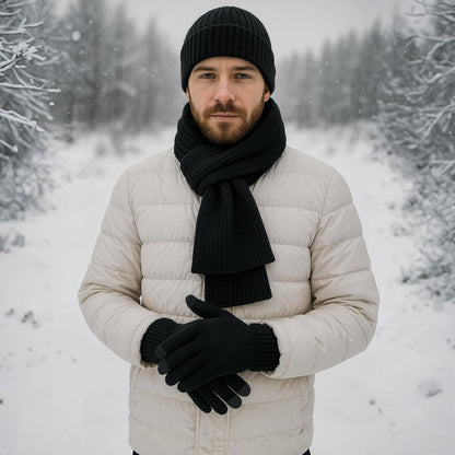 Herren Winter Set: Mütze, Schal & Touchscreen Handschuhe Schwarz